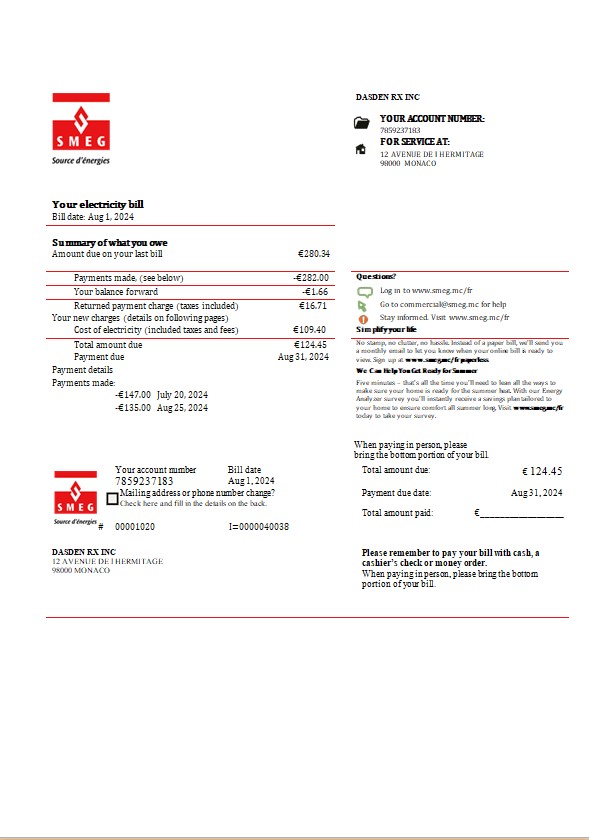 Monaco SMEG electricity business utility bill template in Word and PDF formats
